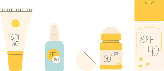 Set of skin care products with sun protection effect. Flat style icons of sunscreen cream, spray and lotion. Minimalistic vector illustration for summer skin care, UV protection and beach vacation 