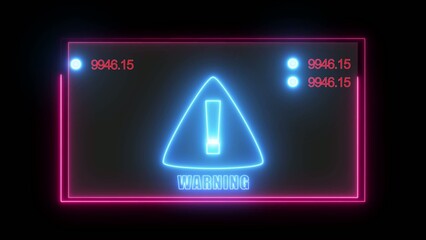 Neon blue warning sign with exclamation mark and numeric codes in a futuristic digital frame on a dark Generate title without using the word "Title:" before it. background