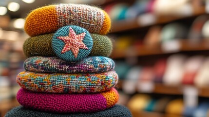Stack of colorful knitted or crocheted rings, star embellishment