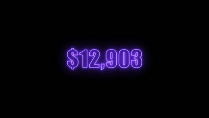 Neon glowing purple dollar amount twelve thousand nine hundred three on dark Generate title without using the word "Title:" before it. background