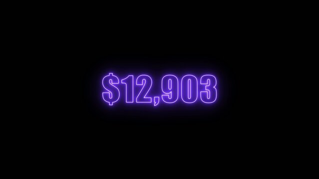 Neon glowing purple dollar amount twelve thousand nine hundred three on dark Generate title without using the word "Title:" before it. background