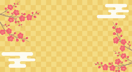 Japanese style red plum blossom background with gold checkered pattern and clouds, luxury spring frame