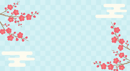 Japanese style red plum blossom background with light blue checkered pattern and clouds, spring frame
