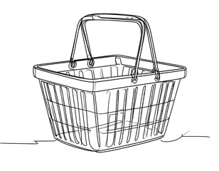 A line-art illustration depicting a shopping basket
