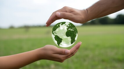 Two pairs of human hands gently cradle a shimmering green globe against a soft outdoor backdrop