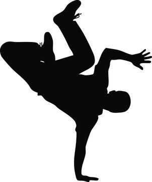 black silhouette of a male bboy performing a dynamic breakdance freeze on an isolated white background
