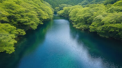 Peaceful Forest River Landscape with Lush Green Trees and Clear Blue Sky during Summer