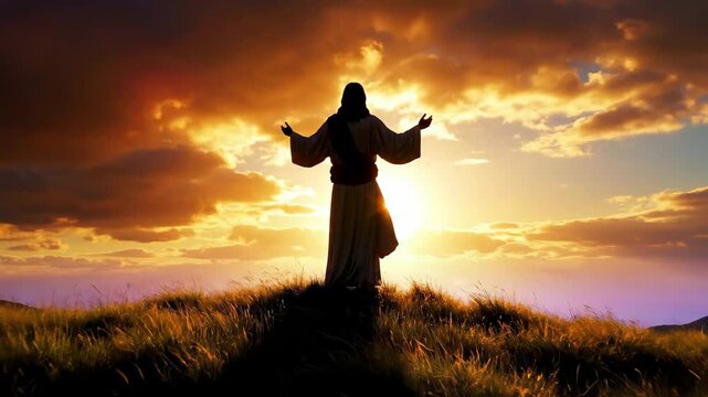 Jesus Christ Standing on Hill at Sunset.