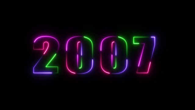 Neon multicolor glowing 2007 text with green pink and purple lights on a Generate title without using the word "Title:" before it. black background year