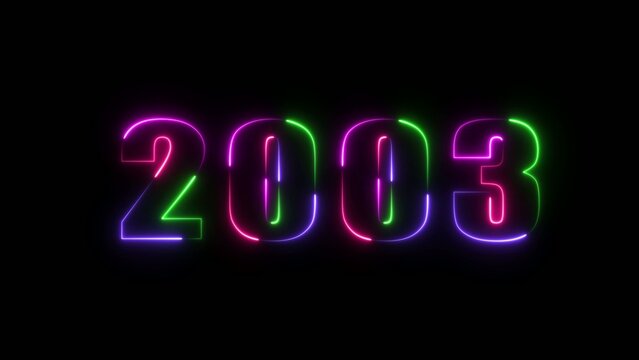 Neon multicolor glowing numbers spelling out 2003 on a Generate title without using the word "Title:" before it. black background with vibrant purple green and blue outlines
