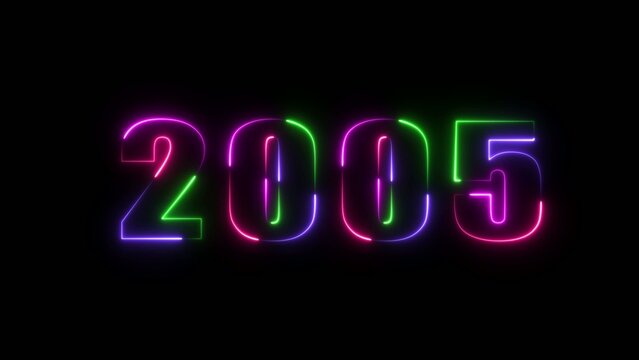 Neon multicolor glowing numbers spelling out 2005 on a Generate title without using the word "Title:" before it. black background with vibrant purple green and blue outlines
