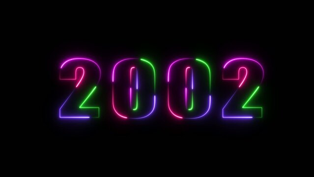 Neon multicolor retro number 2002 with green pink and blue outlines glowing brightly on a Generate title without using the word "Title:" before it. black background