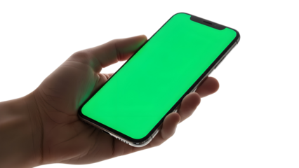 Hand holding modern smartphone with green screen chroma key display for app and advertising mockup isolated PNG with Transparent Background