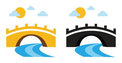 Arch bridge icons over a blue river with sun and clouds for park landscape engineering and scenic travel graphics