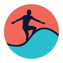 Surfing logo featuring a silhouette of a surfer riding a blue ocean wave inside a coral red circular sun for summer sports and beach lifestyle branding