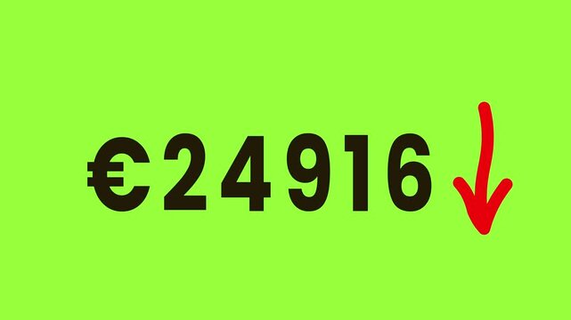 Rapid euro currency value decrease financial counter animation on green screen background showing crisis decline digital money loss dynamic down arrow motion footage economic disaster