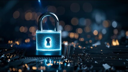 Blue glowing padlock on a computer circuit board representing data security and cyber protection - Powered by Adobe