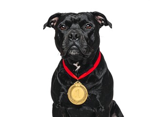 A regal black dog wears a gold medal, set against a clean white backdrop