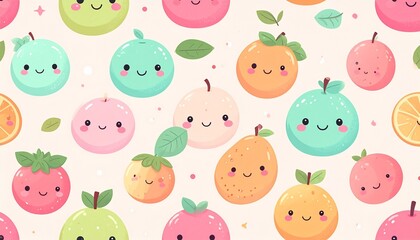 Obraz premium Cartoon Fruit Pattern with Smiling Faces in Pastel Colors on Light Background