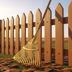 A rake leans against a wooden fence on grass, surrounded by fallen leaves, under a sky