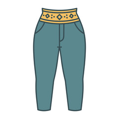 Fashionable high-waisted pants in a vibrant teal hue featuring a unique decorative yellow and blue geometric waistband, ideal for modern apparel concepts and digital design projects