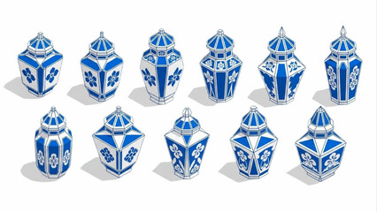Isometric Blue and White Porcelain Ginger Jars with Traditional Floral Patterns for Home Decor and Interior Design