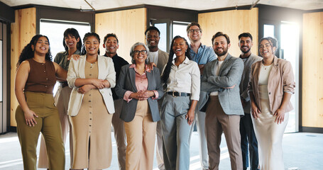 Portrait, team and happy with business people at conference for workshop, training seminar and...