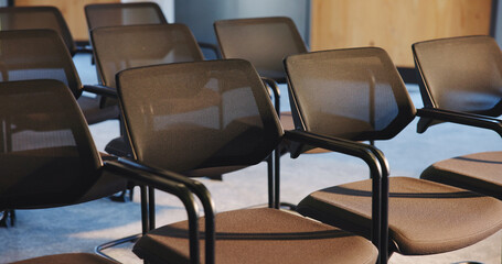 Chairs, seminar and empty room for business summit, event and convention or meeting venue....