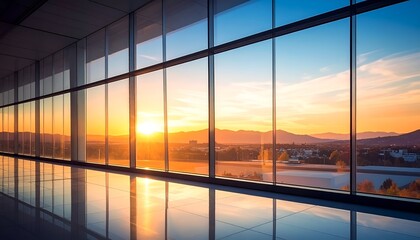 Office interior overlooking vibrant sunset cityscape