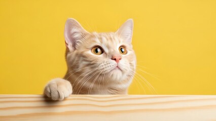 Peekaboo Ginger tabby cat looks up inquisitively against sunny yellow.