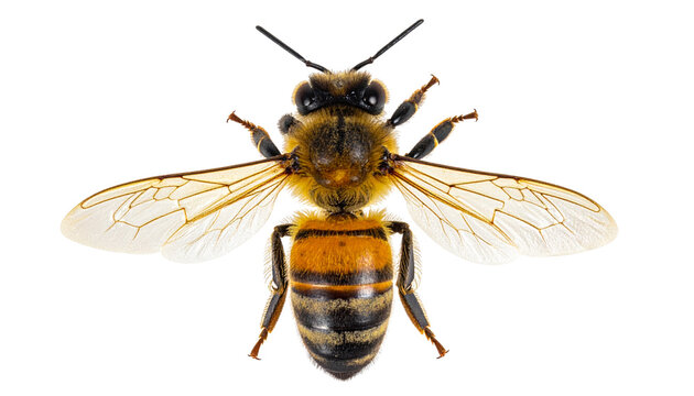 Macro closeup of a hairy yellow and black honey bee with wings isolated on a white background