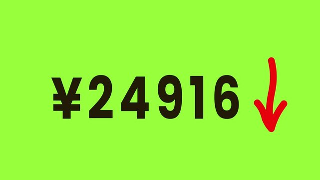 Financial decline depicted by falling yen currency symbol and numerical value decreasing rapidly over time on a bright green background visual representing economic downturn 