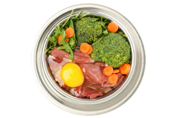 Raw dog food in metal bowl with broccoli, carrots, and egg in healthy natural ingredients for pet nutrition