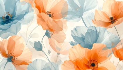 Peach and White Flowers with Blue Leaves in Watercolor Style on White Background