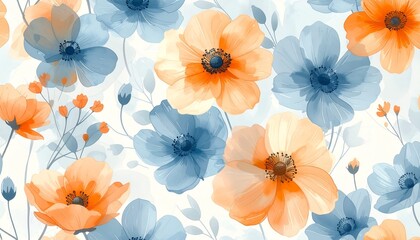 Peach and White Flowers with Blue Leaves in Watercolor Style on White Background