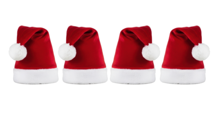 Four identical classic Santa Claus hats with red velvet, plush white faux fur, and fluffy pom-poms, isolated on a transparent background with bright lighting, commercial christmas product display