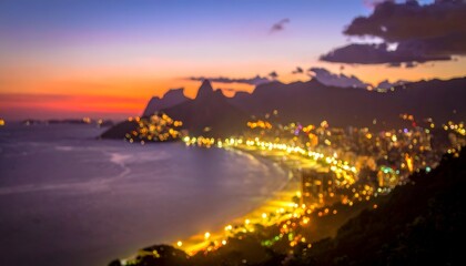 Evening coastal cityscape glows with lights under a colorful twilight sky