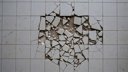 Cracked White Tiles Shattered Surface Texture with Repair Needed.