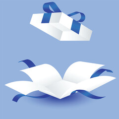 Open gift box with blue ribbon, promotional design element, surprise