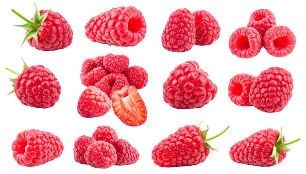 Fresh ripe red raspberries isolated on white background make a juicy healthy organic summer fruit dessert