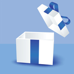 Open gift box with blue ribbon, promotional design element, surprise