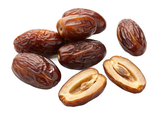 Whole and halved glossy brown dates with pits, small cluster on stem, and transparent background
