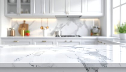 Marble countertop in bright kitchen, with blurry cabinets and stovetop