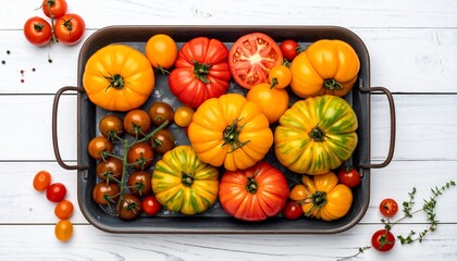 Colorful heirloom tomatoes arranged on a rectangular tray atop white wood
