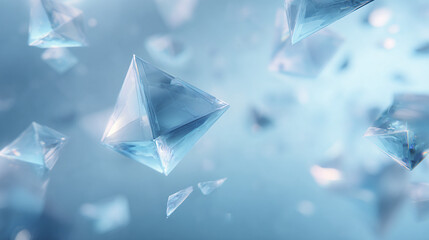 Floating transparent icy crystals in a soft blue background. The crystals gleam and reflect light