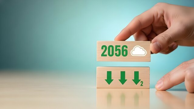 Hand placing a block with the year 2056 on top