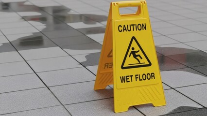 Caution Wet Floor Warning Sign on Tiled Surface.