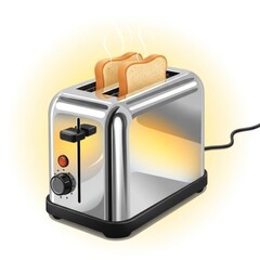 Shiny chrome toaster with two slices of bread popping up, radiating heat