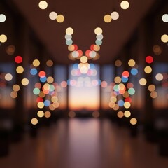 Soft focus interior with blurred lights & warm sunset through windows