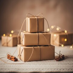 Stacked, wrapped gifts with string and cinnamon sticks, with soft background lights